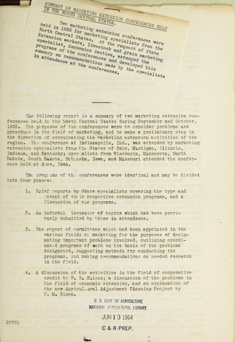 Cover for Summary of marketing extension conferences held in the North Central States, September-October, 1935