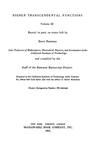 Cover for Higher transcendental functions : based, in part, on notes left by Harry Bateman