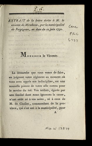 Cover for Extrait de la lettre e crite a   M. le Vicomte de Mirabeau