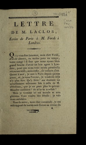 Cover for Lettre de M. Laclos, e crite de Paris a   M. Forsh a   Londres