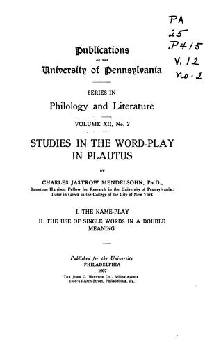 Cover for Studies in the Word-play in Plautus