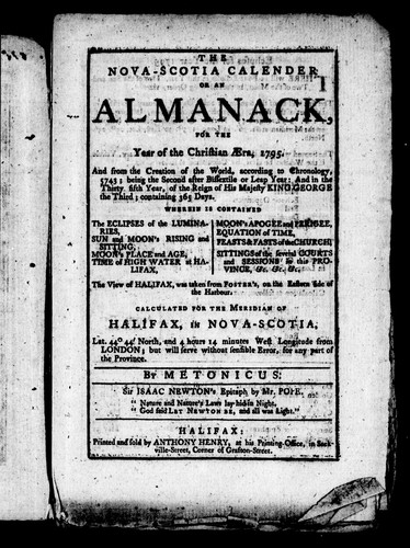 Cover for The Nova-Scotia calender, or, An almanack, for the year of the Christian æra, 1795