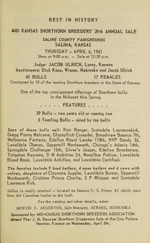 Cover for Best in history, Mid-Kansas shorthorn breeders' 29th annual sale