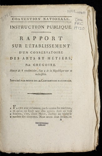 Cover for Rapport sur l'e tablissement d'un conservatoire des arts et me tiers