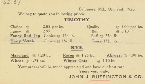 Cover for Timothy and rye [price list]