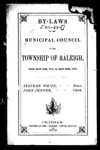 Cover for By-laws of the Municipal Council of the Township of Raleigh, from April 25th, 1871, to April 25th, 1872