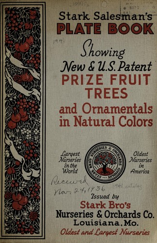 Cover for Stark salesman's plate book showing new & U.S. patent prize fruit trees and ornamentals in natural colors