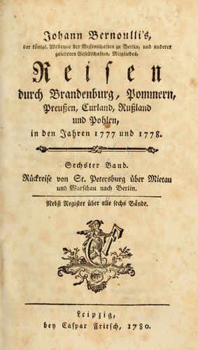 Cover for Reisen durch Brandenburg, Pommern, Preussen, Curland, Russland und Pohlen, in den Jahren 1777 und 1778