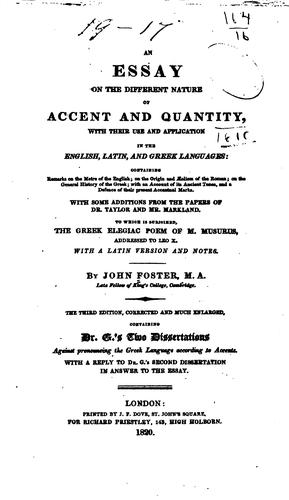 Cover for An essay on the different nature of accent and quantity