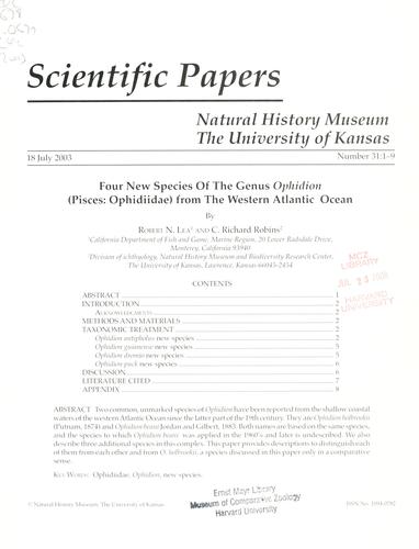 Cover for Four new species of the genus Ophidion (Pisces: Ophidiidae) from the western Atlantic Ocean