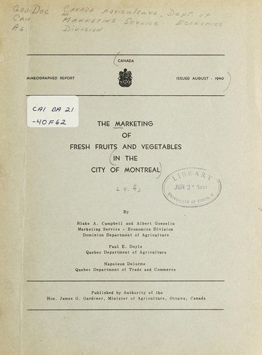 Cover for MARKETING OF FRESH FRUITS AND VEGETABLES IN THE CITY OF MONTREAL