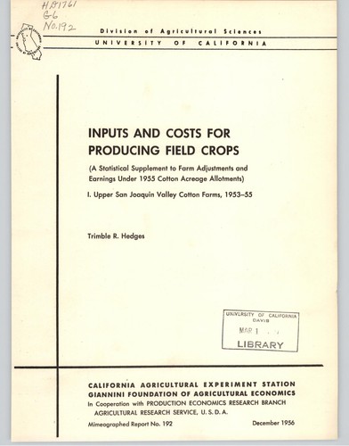 Cover for Inputs and costs for producing field crops