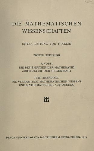 Cover for Beziehungen der Mathematik zur Kultur der Gegenwart [von] A. Voss.