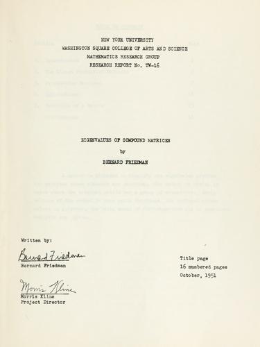 Cover for Eigenvalues of compound matrices.