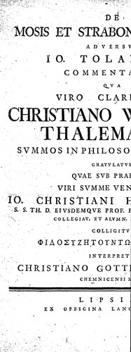 Cover for De Mosis et Strabonis consensu adversus Io. Tolandum commentatio qua viro clarissimo Christiano Wilhelmo Thalemanno