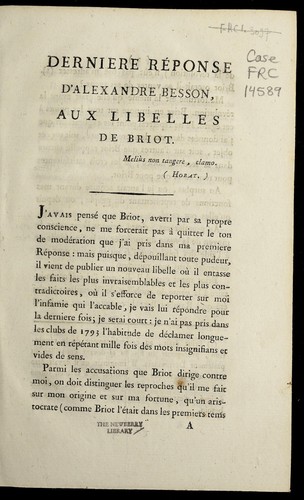 Cover for Derniere re ponse d'Alexandre Besson aux libelles de Briot