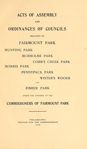 Cover for Acts of Assembly and ordinances of councils relating to Fairmount park