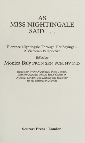 Cover for As Miss Nightingale Said