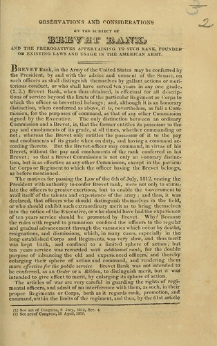 Cover for Observations and considerations on the subject of brevet rank, and the prerogatives appertaining to such rank, founded on existing laws and usage in the American army.