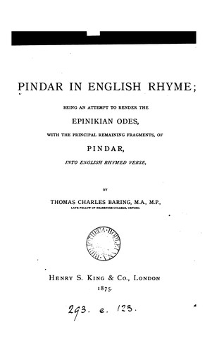 Cover for Pindar in English rhyme, an attempt to render the Epinikian odes, with the principal remaining ...