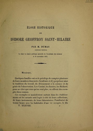Cover for Éloge historique de Isidore Geoffroy Saint-Hilaire