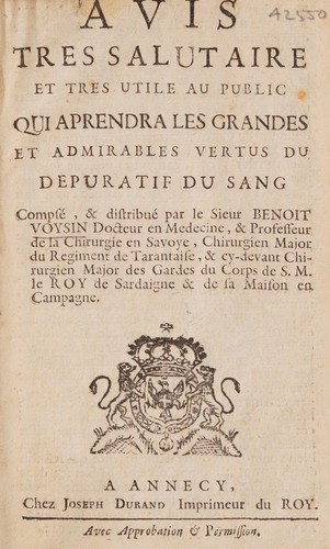 Cover for Avis tres salutaire et tres utile au public qui aprendra les grandes et admirables vertus du depuratif du sang compsé ...