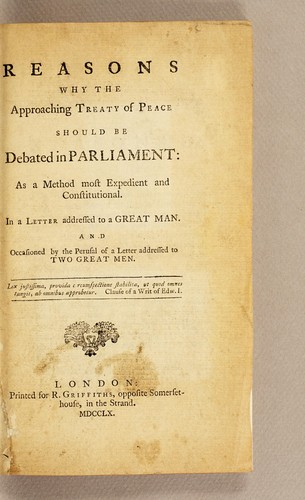 Cover for Reasons why the approaching treaty of peace should be debated in Parliament
