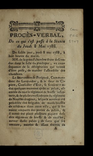 Cover for Proc`es-verbal de ce qui s'est passe  `a la se ance du jeudi 8 mai 1788