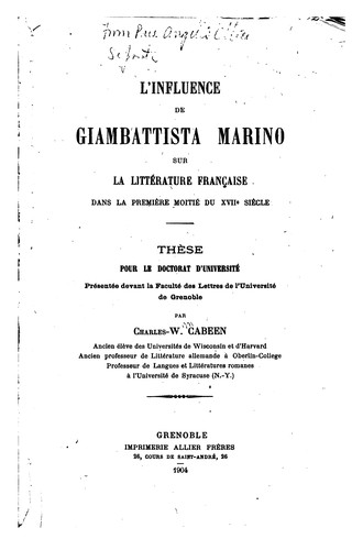 Cover for L'influence de Giambattista Marino sur la littérature française...