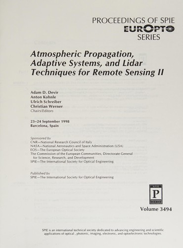 Cover for Atmospheric propagation, adaptive systems, and lidar techniques for remote sensing II