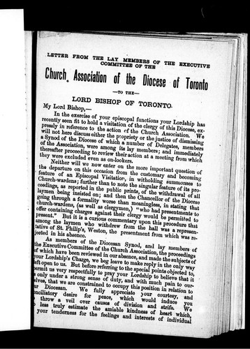 Cover for Letter from the lay members of the executive committee of the Church Association of the Diocese of Toronto to the Lord Bishop of Toronto