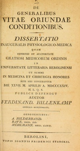 Cover for De generalibus vitae oriundae conditionibus