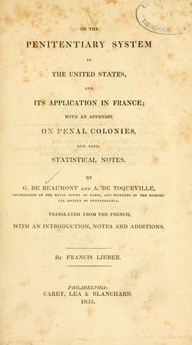 Cover for On the penitentiary system in the United States, and its application in France