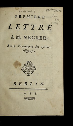 Cover for Premiere lettre a M. Necker, sur l'importance des opinions religieuses