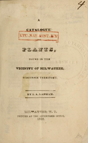 Cover for A catalogue of plants found in the vicinity of Milwaukee, Wisconsin Territory