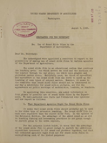 Cover for Memorandum for the secretary. Re. Use of sound slide films by the Department of agriculture. Aug. 9, 1938