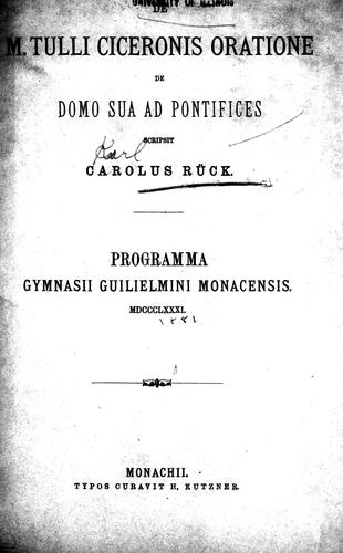 Cover for De M. Tulli Ciceronis oratione De domo sua ad pontifices