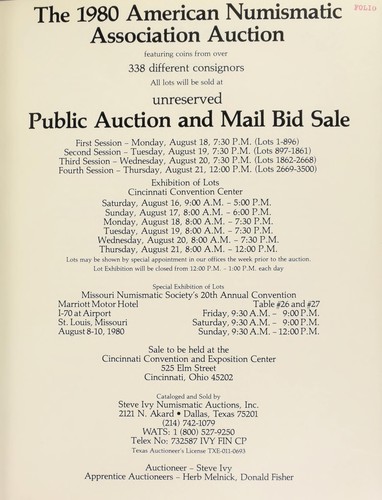 Cover for The 1980 American Numismatic Association auction, featuring coins from over 338 different consignors ...