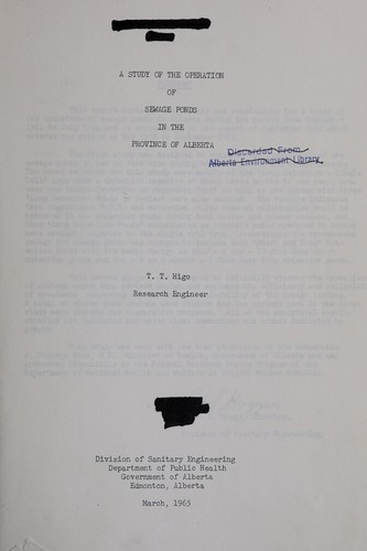 Cover for A study of the operation of sewage ponds in the province of Alberta