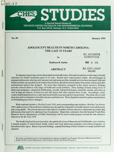 Cover for Adolescent health in North Carolina
