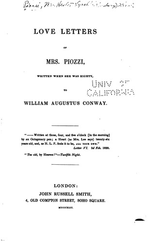 Cover for Love Letters of Mrs. Piozzi: Written when She was Eighty, to William ...