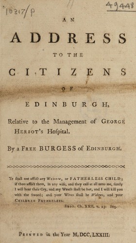 Cover for An address to the citizens of Edinburgh, relative to the management of George Heriot's Hospital