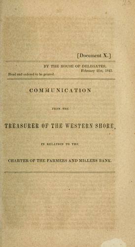 Cover for Communication from the Treasurer of the Western Shore, in relation to the charter of the Farmers and Millers Bank.