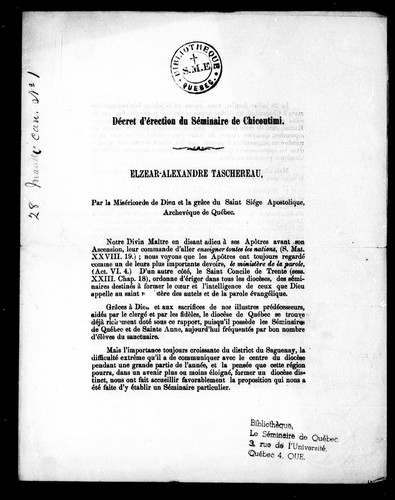 Cover for Décret d'érection du Séminaire de Chicoutimi