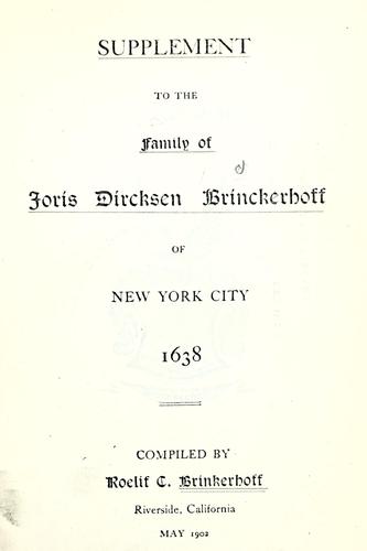 Cover for Supplement to The family of Joris Dircksen Brinckerhoff of New York City, 1638