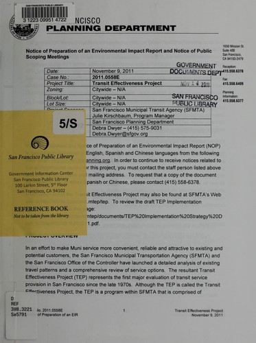 Cover for Notice of preparation of an environmental impact report and notice of public scoping meetings