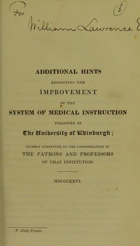 Cover for Additional hints respecting the improvement of the system of medical instruction followed in the University of Edinburgh