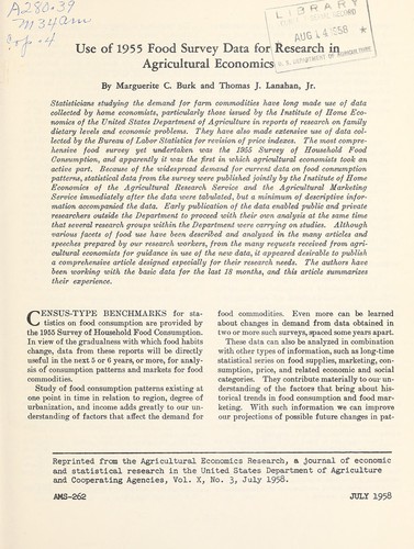 Cover for Use of 1955 food survey data for research in agricultural economics