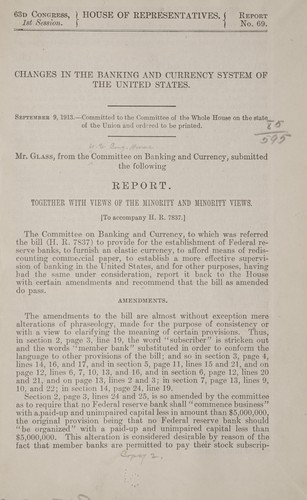 Cover for Changes in the banking and currency system of the United States ...