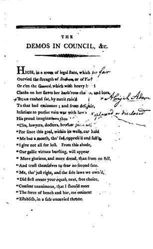 Cover for The Demos in Council: Or 'Bijah in Pandemonium: Being a Sweep of the Lyre ...